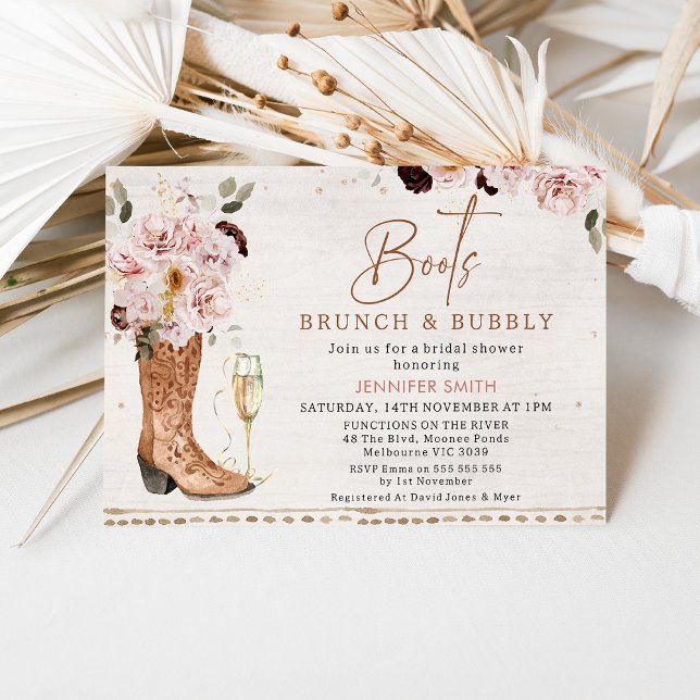 Blush Rustic Boots Brunch Bubbly Bridal Shower Invitation (Rustic boho floral boots, brunch and bubbly bridal shower invitation with glass and cowgirl boot.)