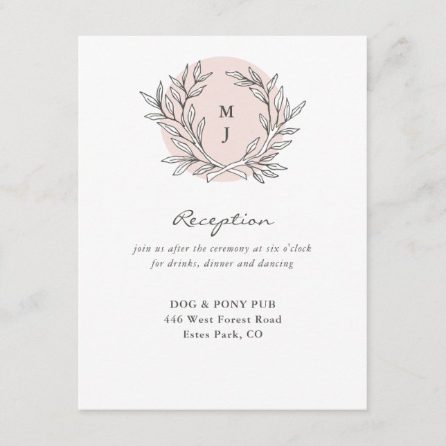 Blush Rustic Monogram Wreath Wedding Reception Enclosure Card (Front)