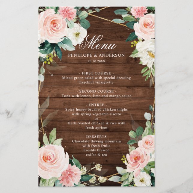 Blush Rustic Wood Botanical Wedding Menu (Front)