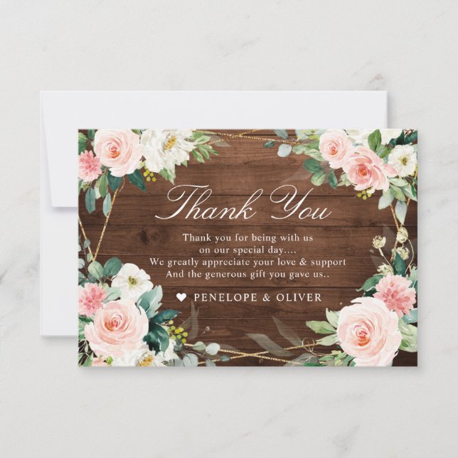Blush Rustic Wood Floral Botanical Wedding Thank You Card (Front)