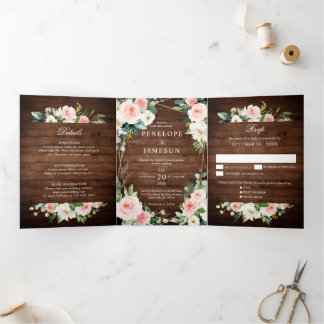Blush Rustic Wood Floral Geometric Botanical Tri-Fold Programme
