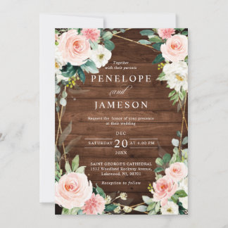 Blush Rustic Wood Geometric Botanical Wedding Invitation