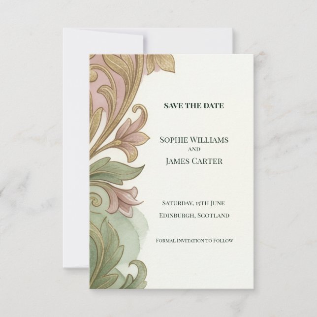 Blush Sage Art Nouveau Save The Date Card (Front)