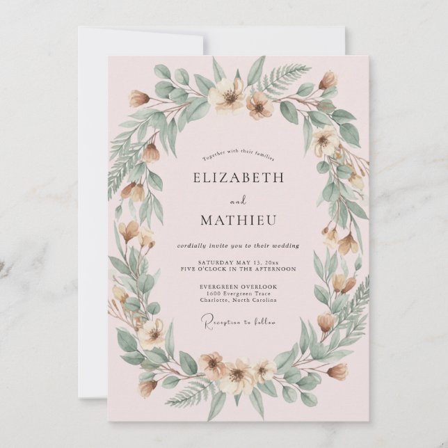 Blush Sage Botanical Watercolor Wedding Invitation (Front)