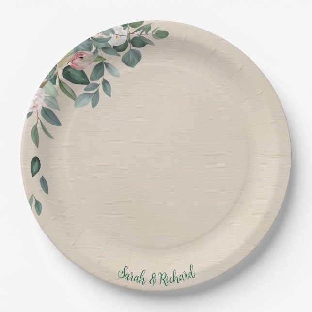 Blush Sage Floral Wedding  Paper Plate (Front)