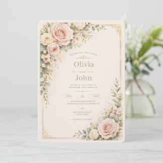 Blush Sage Gold Floral Wedding Invitation