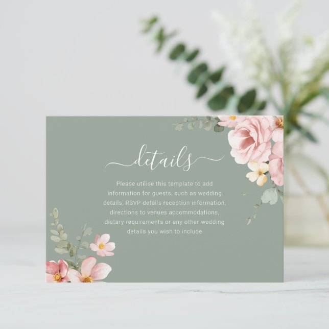 Blush Sage Green Floral Wedding Reception Details Enclosure Card (Standing Front)
