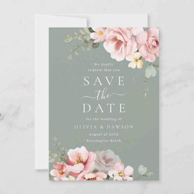Blush & Sage Green Modern Wedding Save The Date (Front)