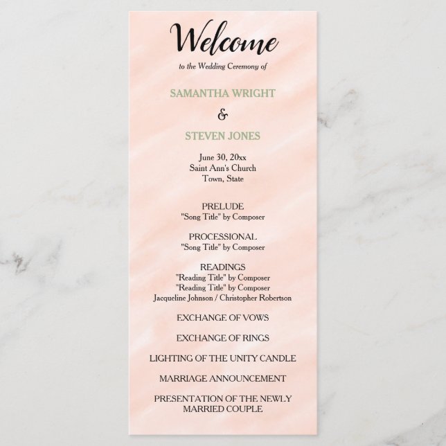 Blush Sage Green Watercolor Wedding Program Programme (Front)