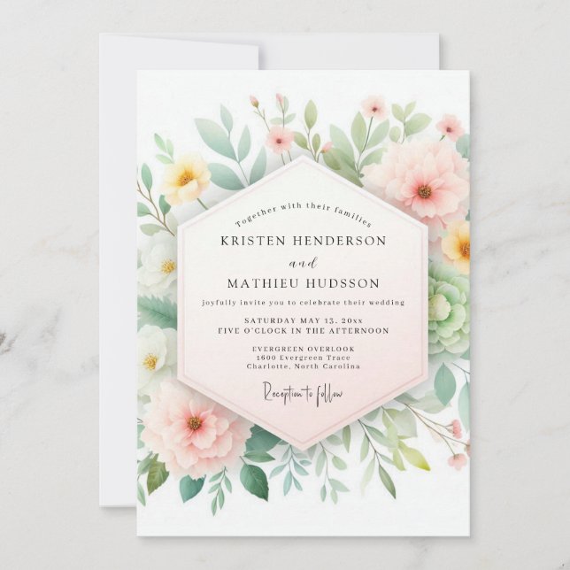 Blush & Sage Soft Bloom Wedding Invitation (Front)