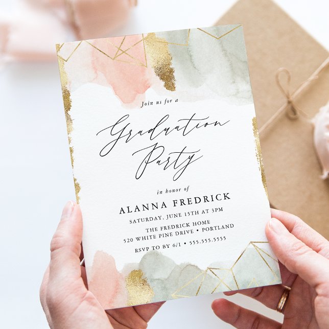 Blush & Sage Watercolor Gold Geometric Graduation Invitation (Creator Uploaded)