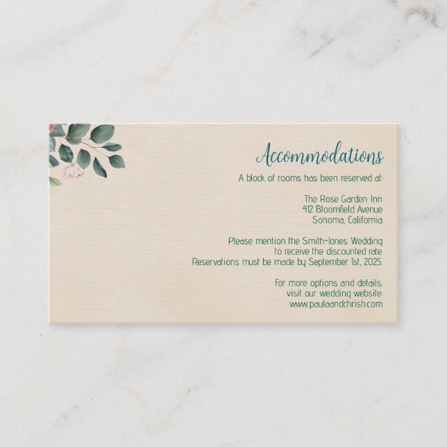 Blush Sage Wedding Accommodations Enclosure Card (Front)