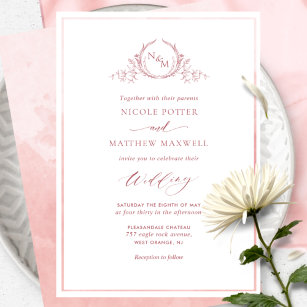Blush Salmon Pink Watercolor Chic Monogram Wedding Invitation