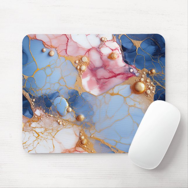 Blush & Sapphire Marble with Golden Pearls Mouse Pad (With Mouse)