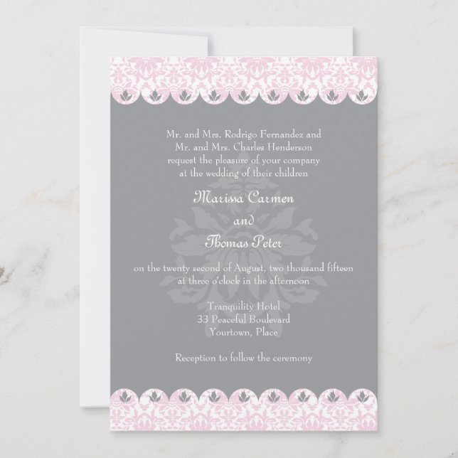 Blush Scalloped Damask Wedding Invitation (Front)