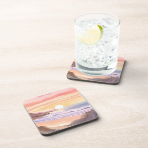 Blush Sea Sunset Beach Watercolor Painting Coaster