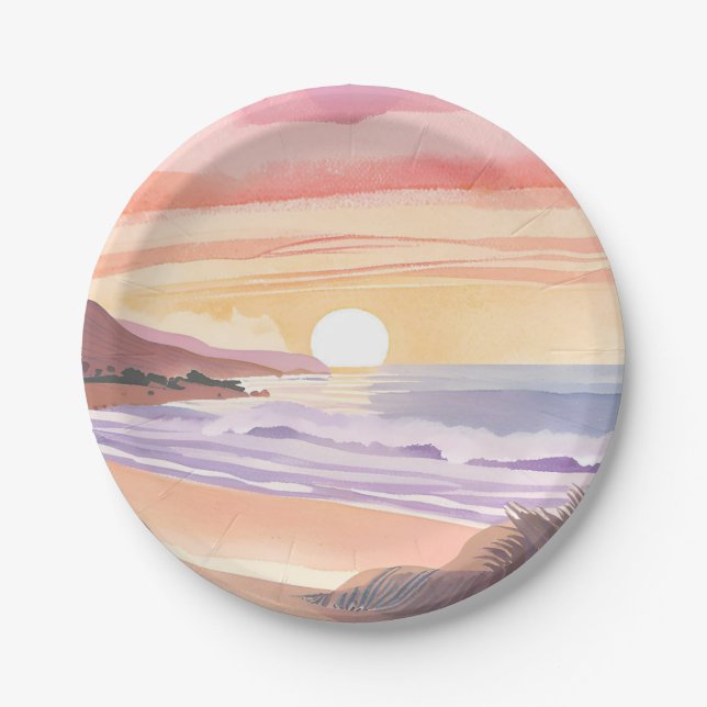 Blush Sea Sunset | Beach Watercolor Painting Paper Plate (Front)