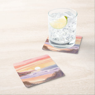 Blush Sea Sunset   Beach Watercolor Painting Square Paper Coaster