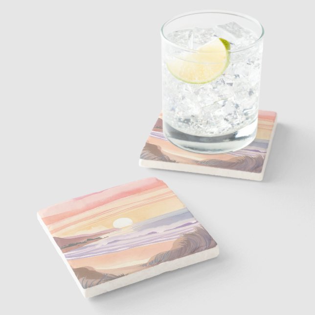 Blush Sea Sunset | Beach Watercolor Painting Stone Coaster (Side)
