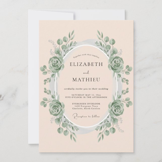 Blush Seafoam Wreath Wedding Invitation (Front)