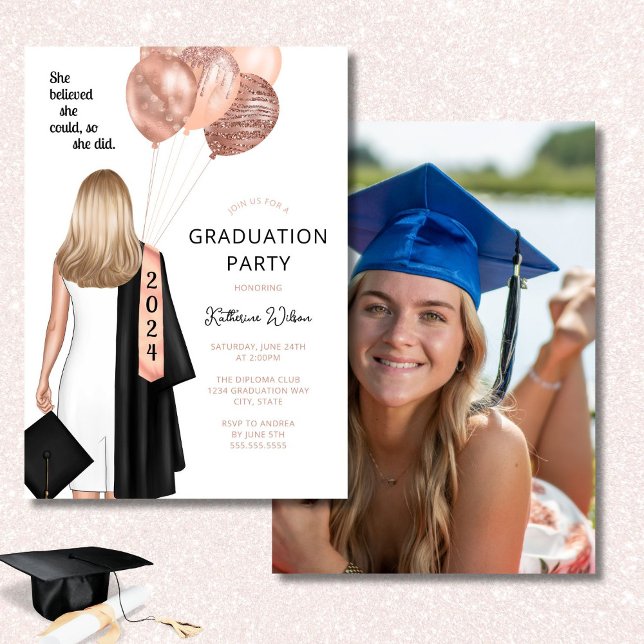 Blush She Believed Photo Graduation Party Invitation (Creator Uploaded)