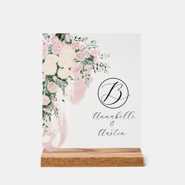 Blush Sheer Bow Rose Bouquet-Monogrammed Acrylic Sign (Front)