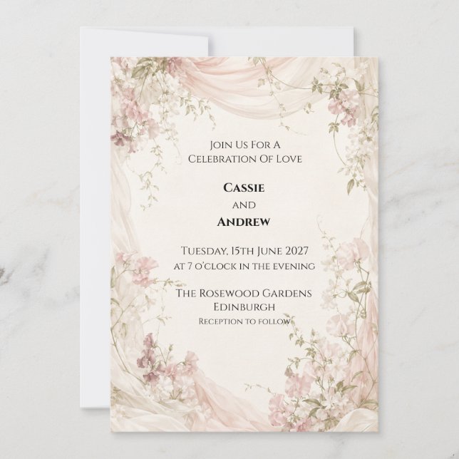 Blush Silk Sweet Pea Wedding Invitation (Front)