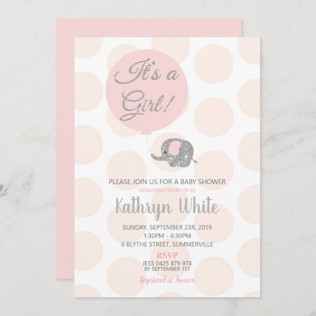 Blush Silver Elephant Baby Shower Invitation Girl (Front/Back)