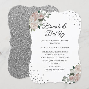 Blush Silver Floral Confetti Brunch and Bubbly Invitation