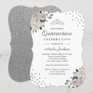 Blush Silver Floral Confetti Quinceanera Invite