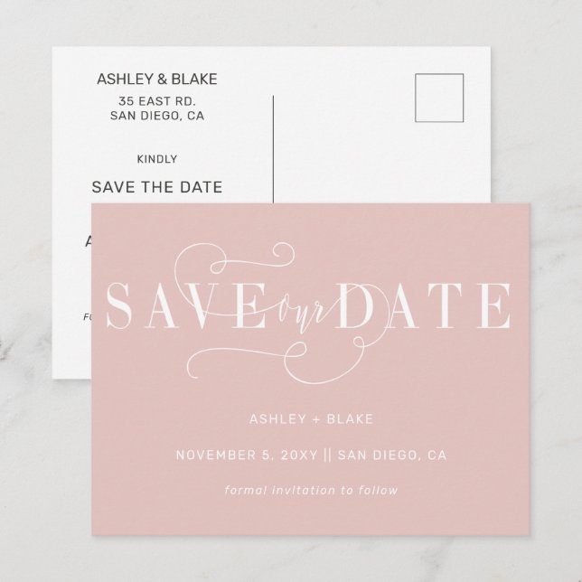 Blush Simple Calligraphy Save the Date Announcement Postcard (Front/Back)