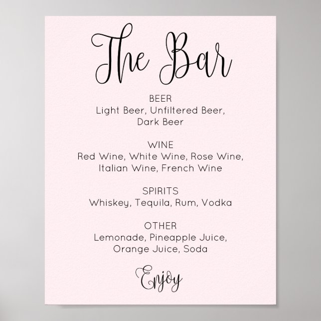 Blush simple script wedding bar. Alcohol drinks Poster (Front)