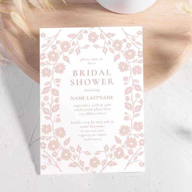 Blush Simple White Folk Floral Bridal Shower Invitation (Creator Uploaded)