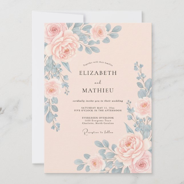 Blush Sky Blue Floral Wedding Invitation (Front)