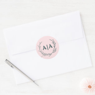 Blush & Slate Grey Subtle Floral Monogram Classic Round Sticker