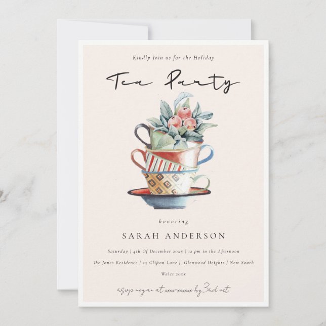 Blush Soft Stacked Cups Holiday Tea Party Invite (Front)