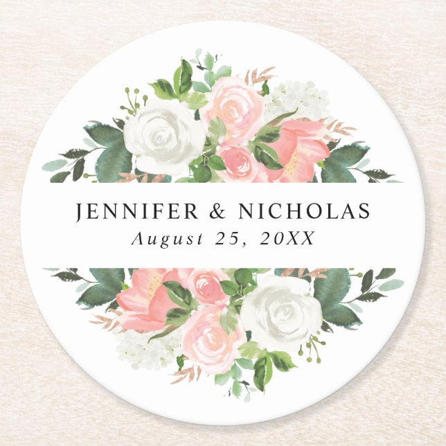 Blush Spring Floral | Personalised Wedding Round Paper Coaster (Front)