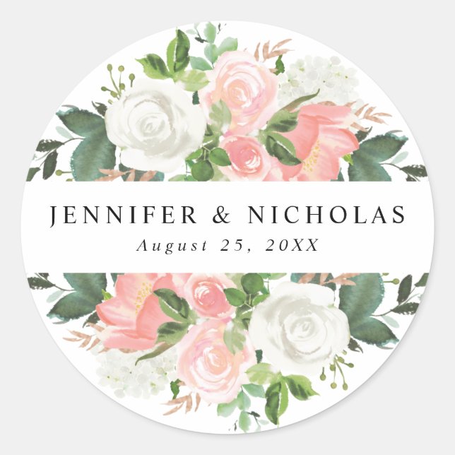 Blush Spring Floral | Wedding Classic Round Sticker (Front)