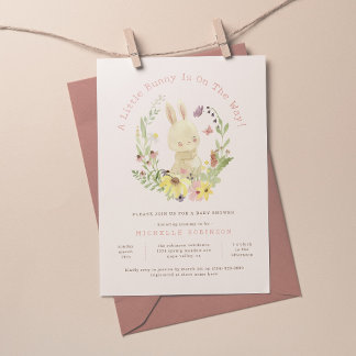 Blush Spring Wreath Little Bunny Girl Baby Shower Invitation