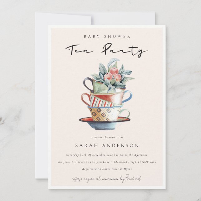 Blush Stacked Cups Baby Shower Tea Party Invite (Front)