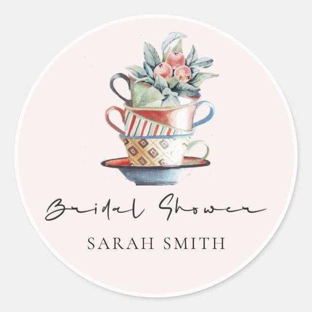 Blush Stacked Cups Floral Bridal Shower Tea Party Classic Round Sticker (Front)