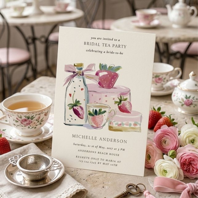 Blush Strawberry Tea Party QR Code Bridal Shower Invitation (Creator Uploaded)