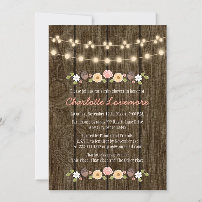 Blush String of Lights Fall Rustic Baby Shower Invitation (Front)