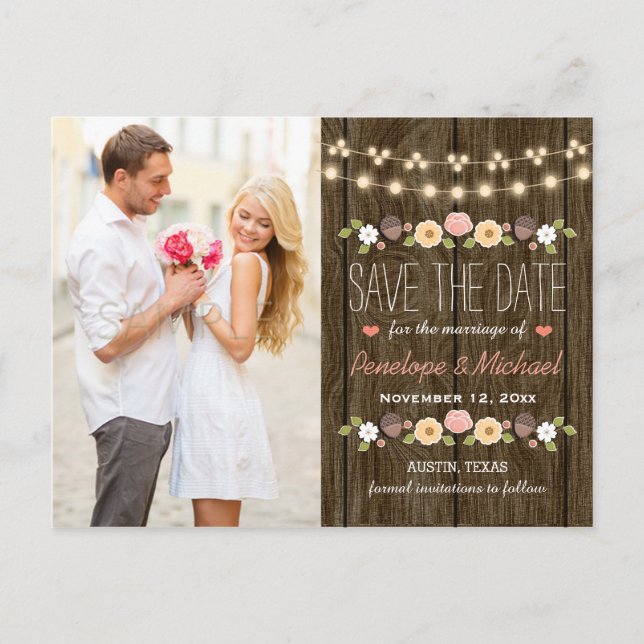 Blush String of Lights Rustic Fall Save the Date Announcement Postcard (Front)