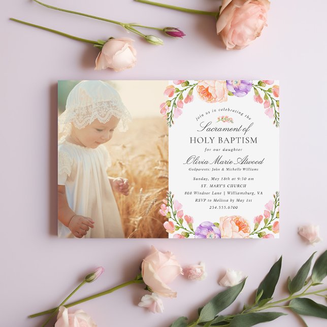 Blush Stripe and Bloom Baby Girl Photo Baptism Invitation (Creator Uploaded)