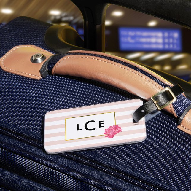 Blush Stripe & Pink Peony Monogram Luggage Tag (Creator Uploaded)