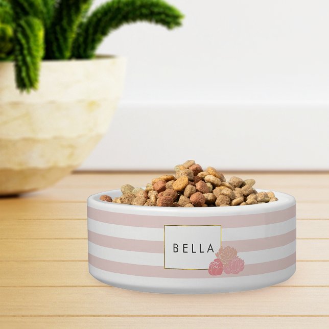 Blush Stripe & Pink Peony Personalised Pet Bowl (Creator Uploaded)