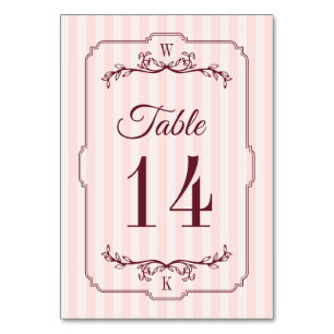 Blush Stripes Burgundy Greenery Monogram Wedding Table Number