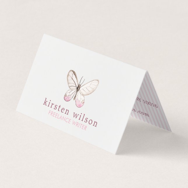 Blush Stripes & Butterfly Folded Business Card (Front)