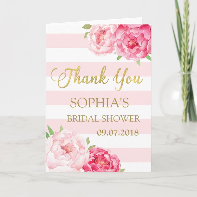 Blush Stripes Pink Floral Bridal Shower Thank You Card (Front)